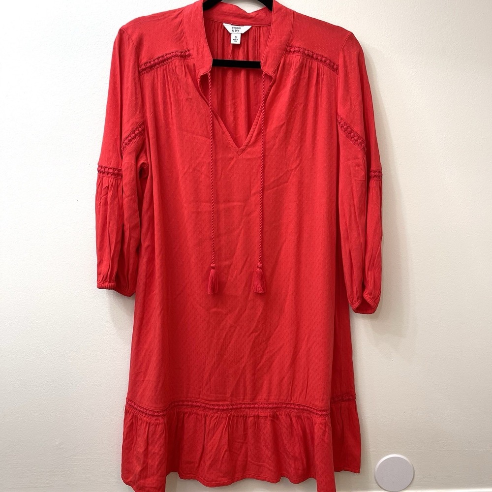 Crown & Ivy Women's Red Peasant Dress 3/4 Sleeves Size Small